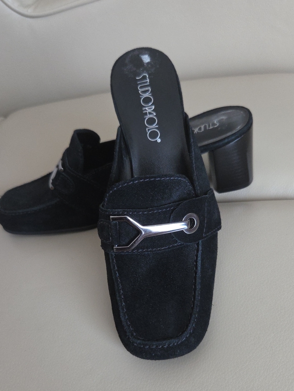 Vintage Studio Paolo Black Suede Slip-On Mules with Gun Metal Accent
